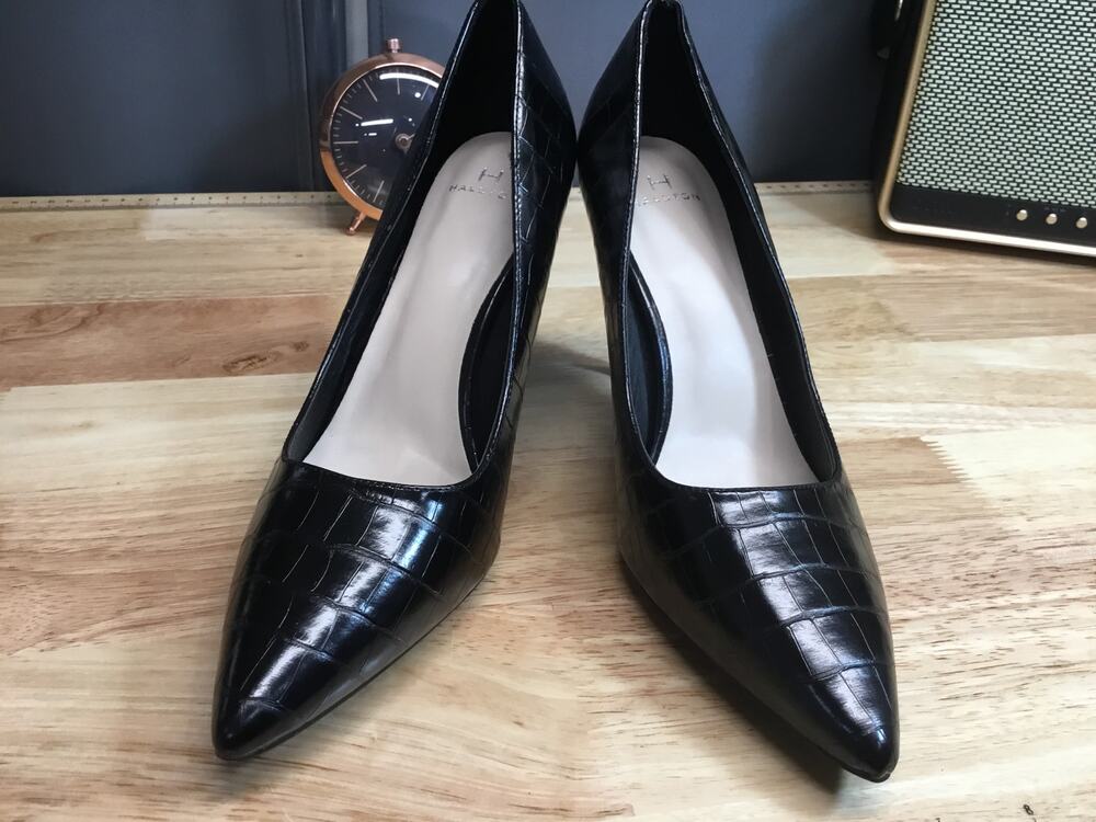 H Halston Gayle Women's 9 Black Croc Leather Slip-On Pointed Toe Pump Heels